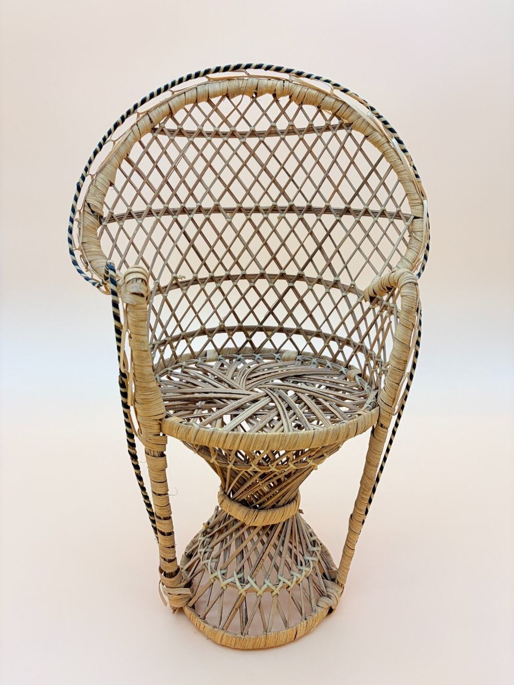 Vintage Wicker Peacock Chair Doll Furniture Rattan 15in Boho Miniature Decor